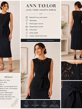 Ann Taylor Black Lace Yoke Midi Sheath Dress